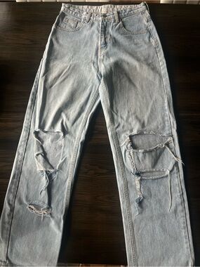 Light Wash Distressed Wide-Leg Jeans